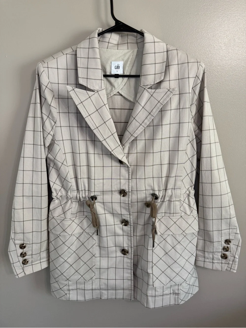 CAbi Windowpane Jacket 6026 Beige Cinched Drawstring Waist Neutral Women’s L